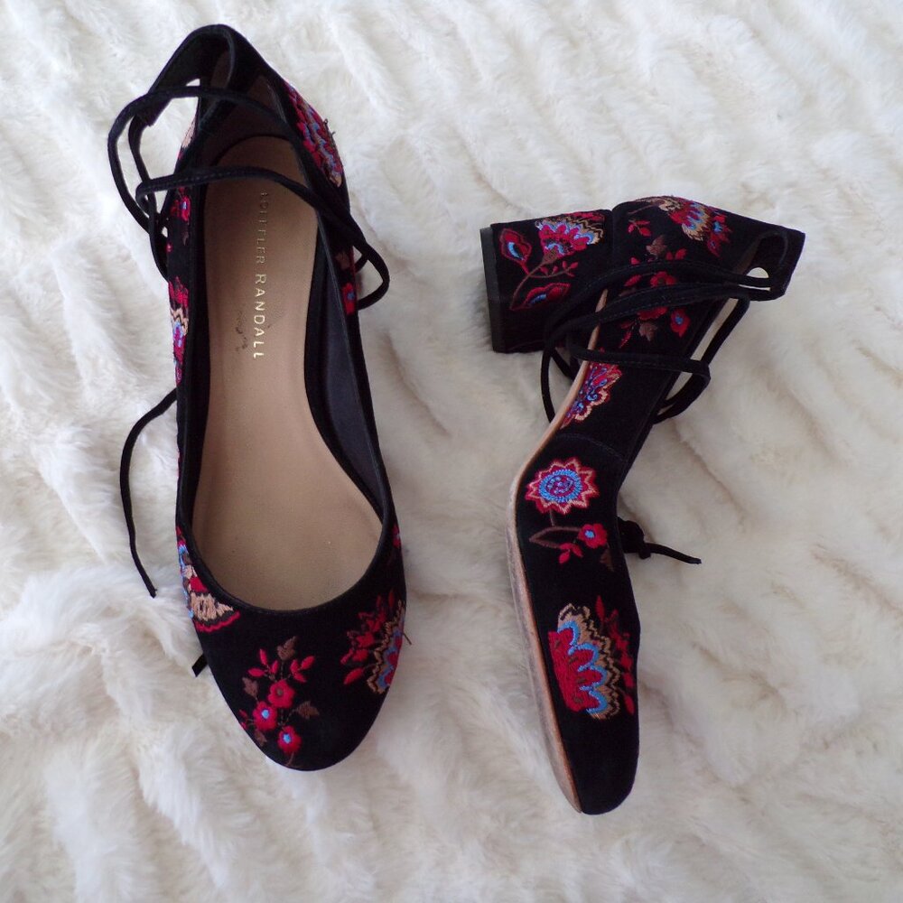 Loeffler Randall italian embroidered Black lace up heels 7 Y2k - Picture 2 of 12